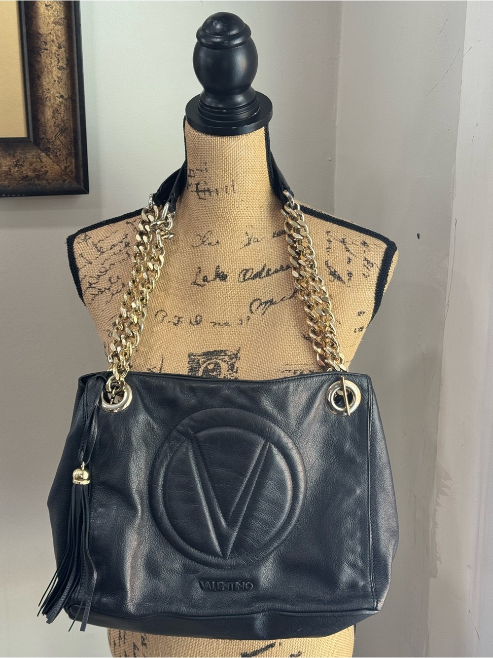 Valentino Black Embossed V Logo Leather Bag with gold chain